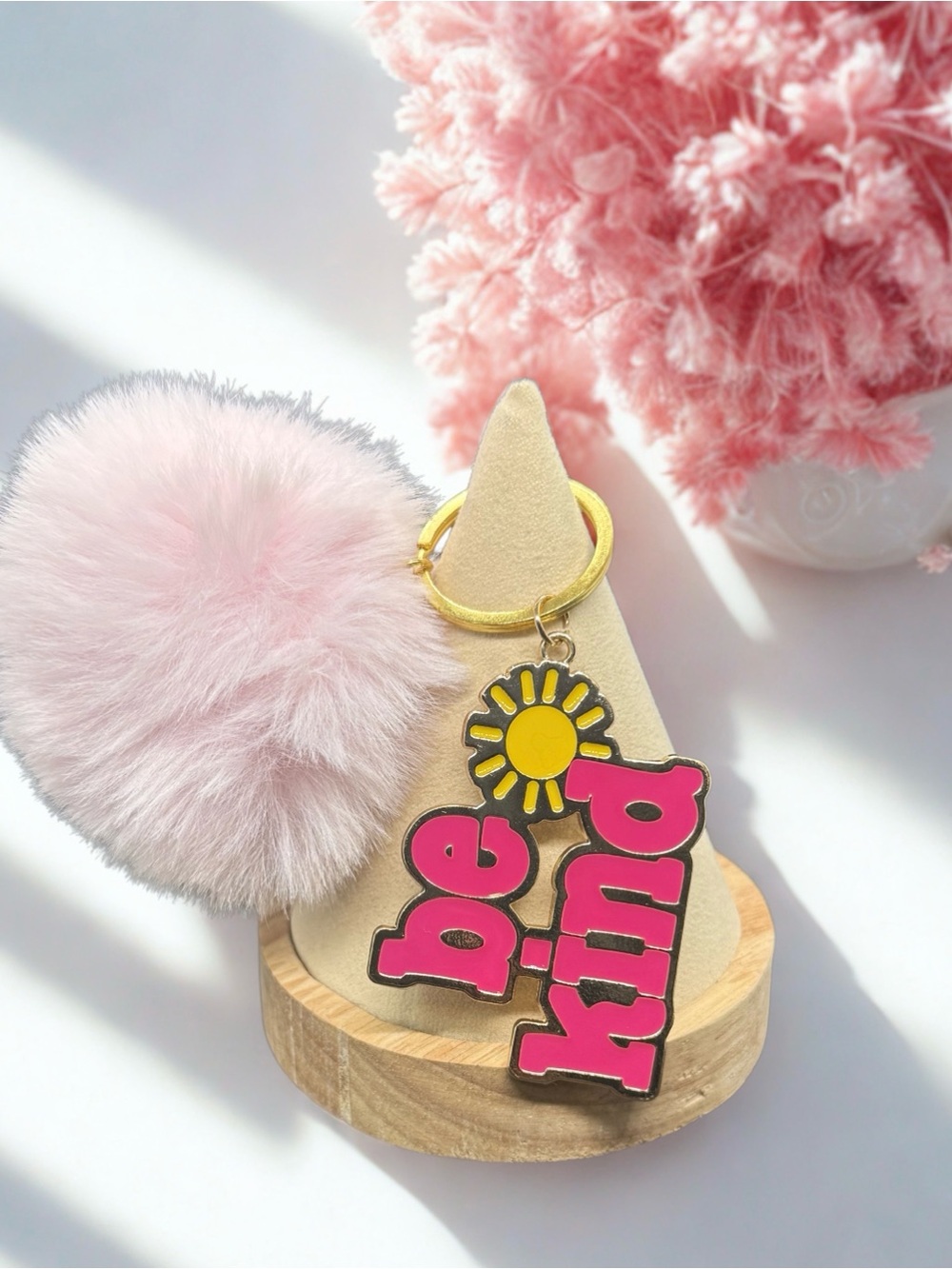 💕Pink Pom Pom with Sun ‘Be Kind’ Keychain/NWOT💕